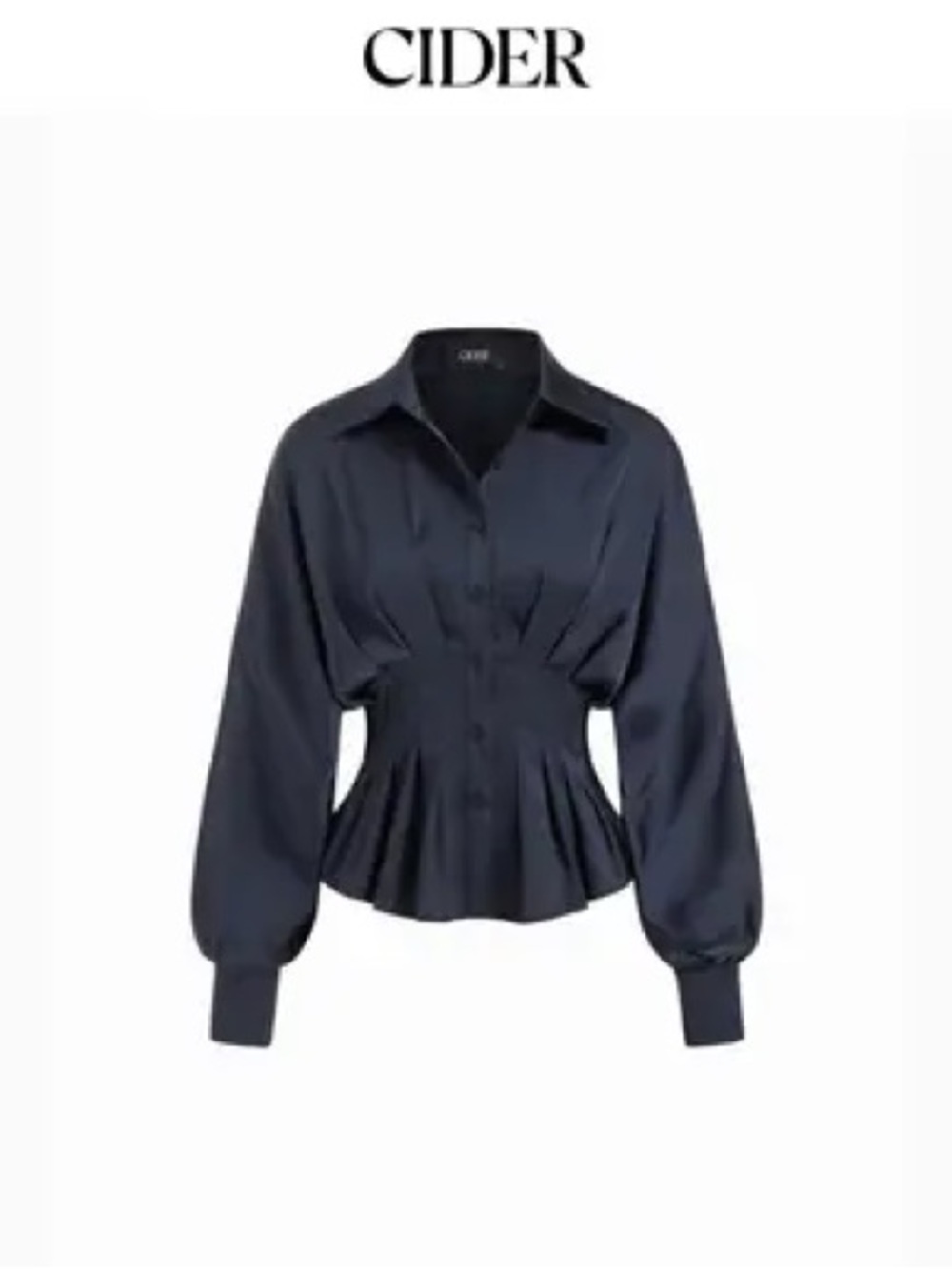 Cider Navy Satin Peplum Button-Down Blouse with Balloon Sleeves
